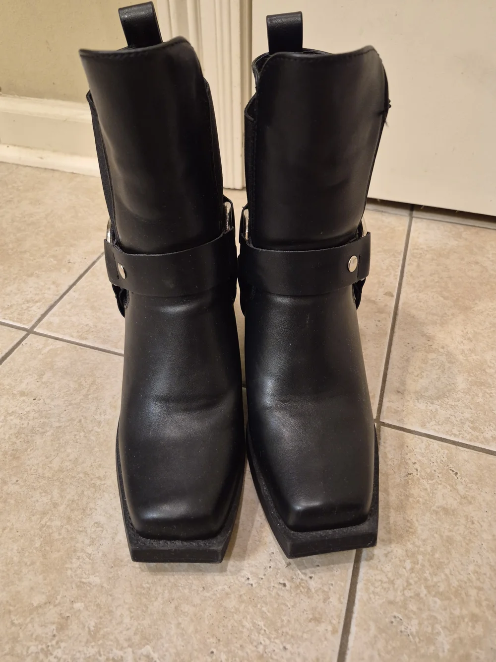 Women's Black Western Harness Ankle Boots with Block Heel